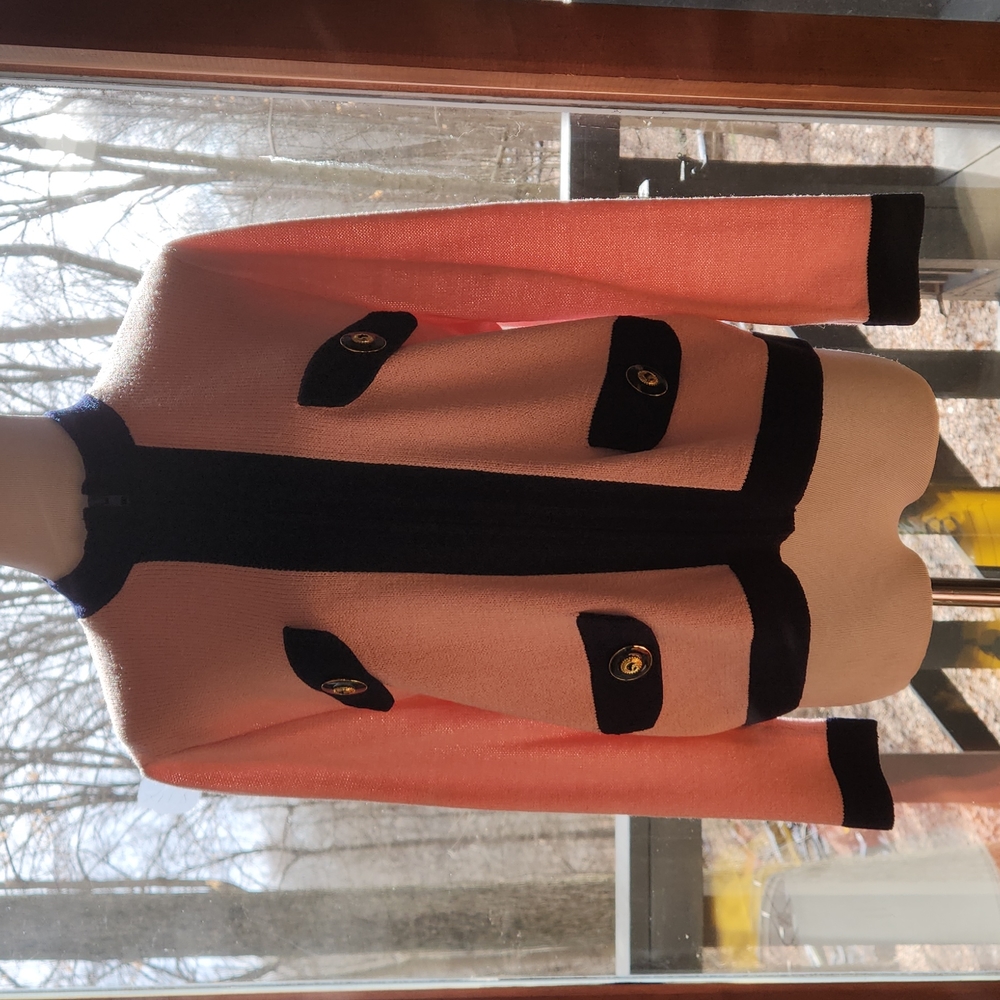 St. John Sportswear by Marie Gray cardigan, pink+navy blue, zip front, size M.